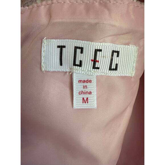 TCEC Pink Metallic Jacquard Dress Puff Sleeve Open Back Bow Size medium - Picture 7 of 8